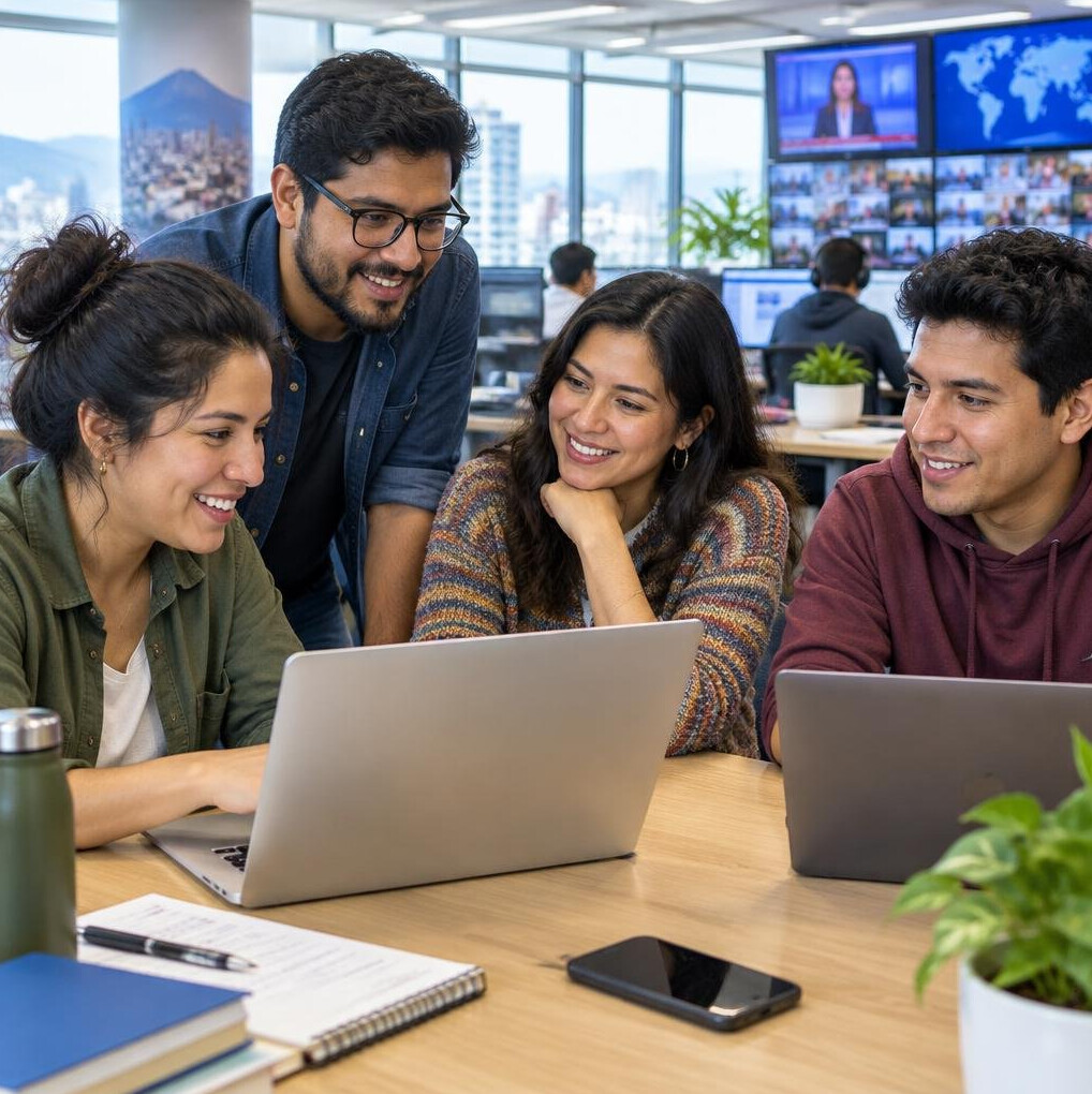 Group of editors collaborating around laptops in a bright newsroom