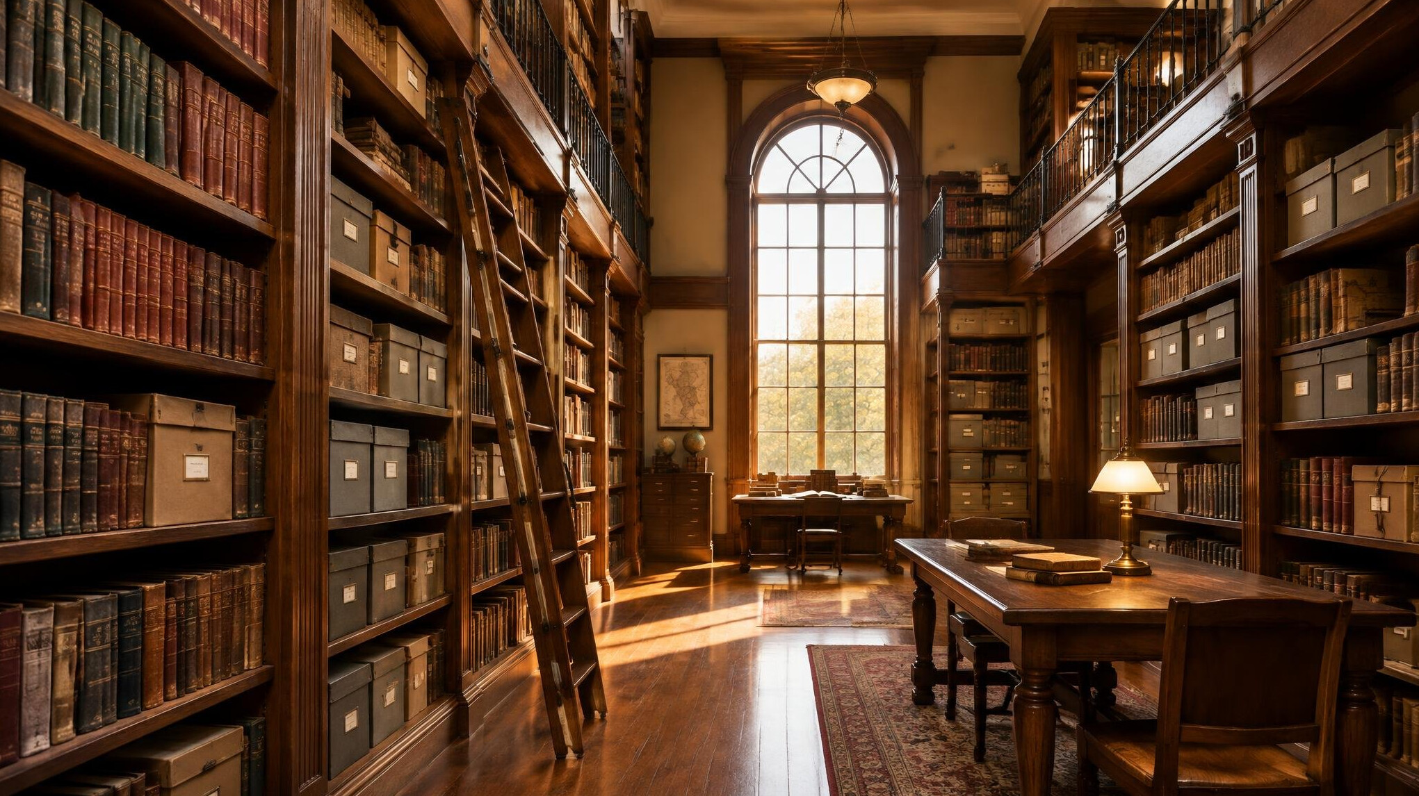 Wooden library shelves full of books and archives