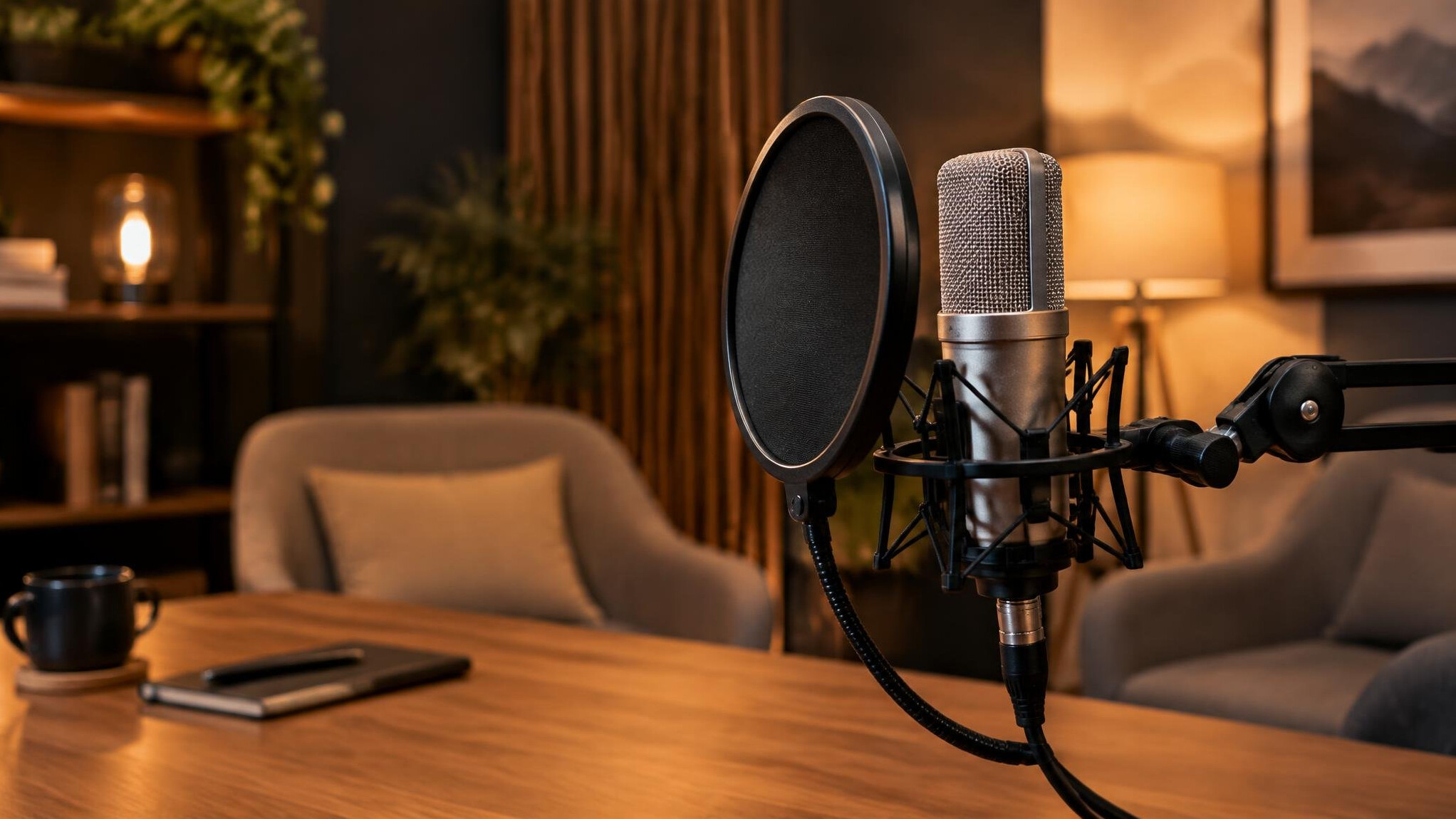 Studio microphone with pop filter in a recording room