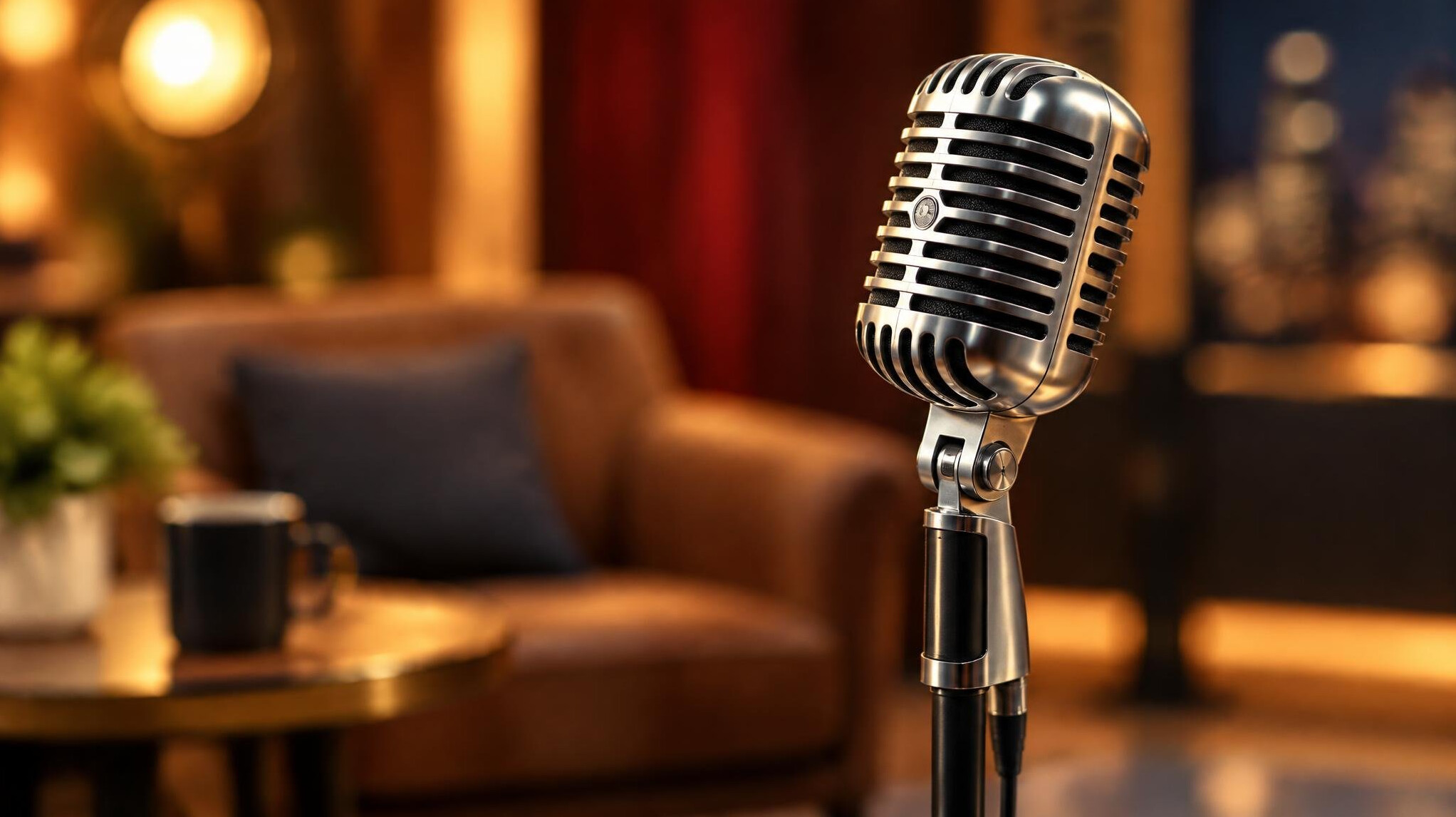 Vintage microphone on a stand with a warm background