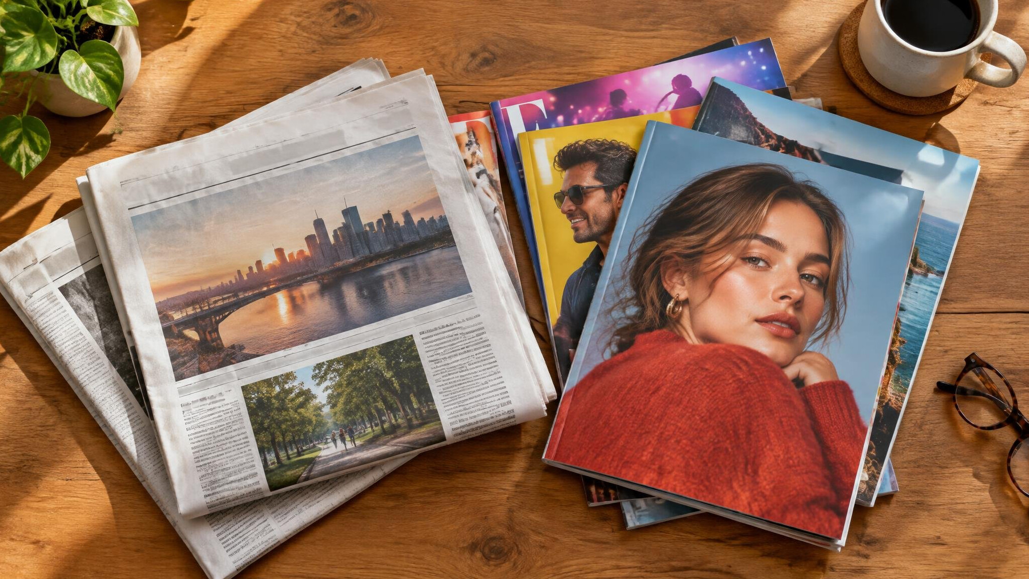 Stack of printed magazines and newspapers on a table